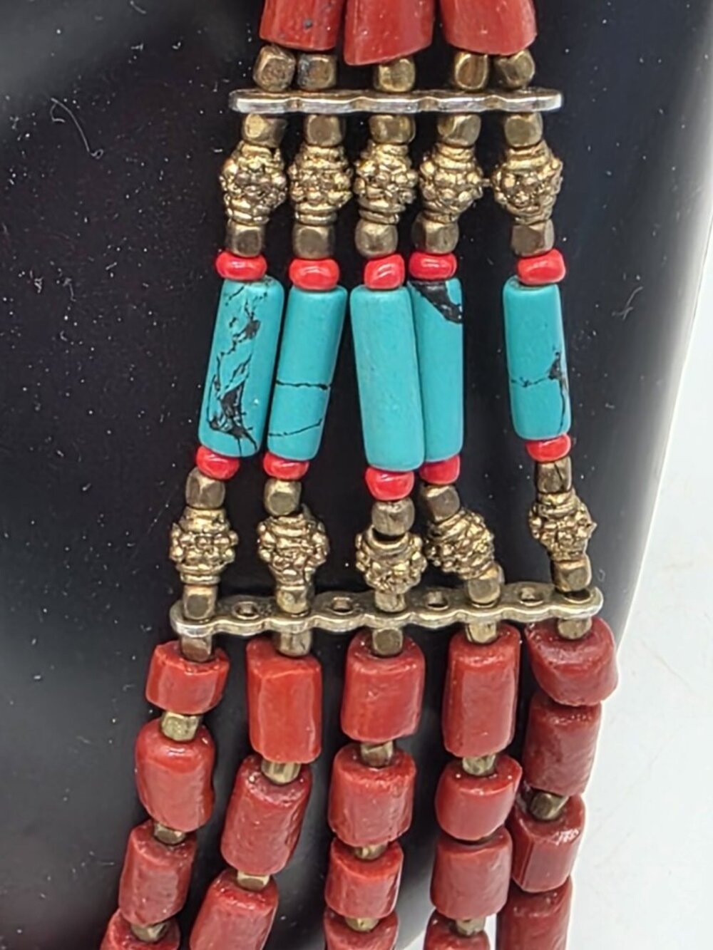 Tibetan Jewelry Multi-Strand Necklace Statement Boho Faux Turquoise & Coral - Picture 9 of 10